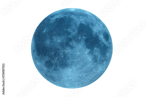 Blue full moon showing detailed surface and vivid craters, isolated on transparent background, space and astronomy concept