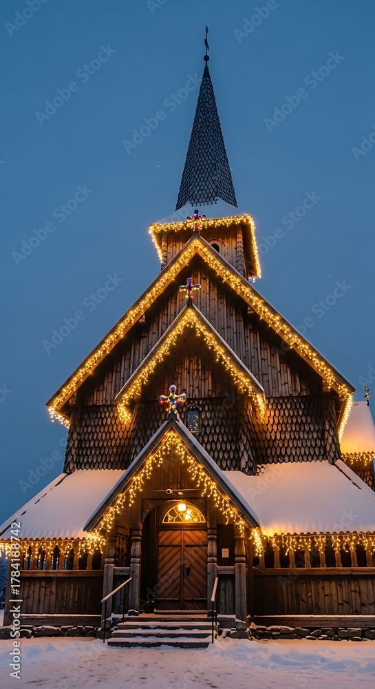 Fototapeta premium Historic Wooden Church Adorned with Festive Lights in a Snowy Winter Landscape at Dusk.