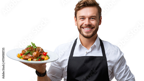 Smiling Server: A gracious server in a crisp white shirt and black apron offers a delectable plate, embodying hospitality and culinary excellence.