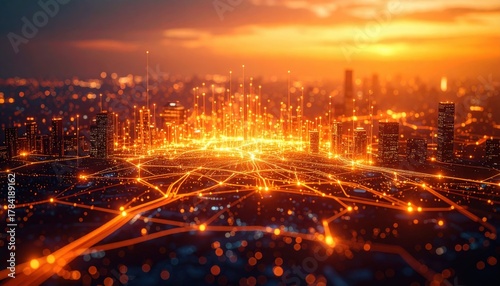 A vibrant city skyline at sunset, illuminated by interconnected lines of light, showcasing a futuristic urban landscape.