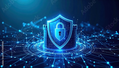 A digital shield symbolizing cybersecurity, surrounded by a network of connected data points, representing protection and security in the digital realm.