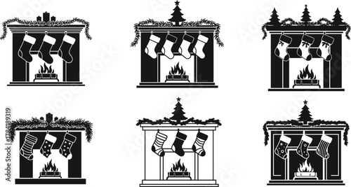 Christmas fireplace illustration, festive mantel decor, holiday stockings, burning fire, pine garland, cozy winter scene, black and white silhouette, seasonal vector