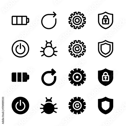System and Utilities Solid and Line Icon Set - Battery Power Security Settings Elements