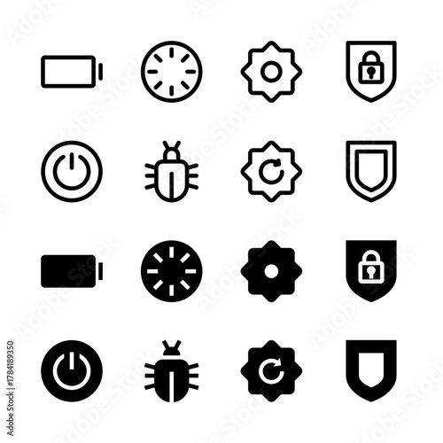 System and Utilities Solid and Line Icon Set - Battery Power Security Settings Elements