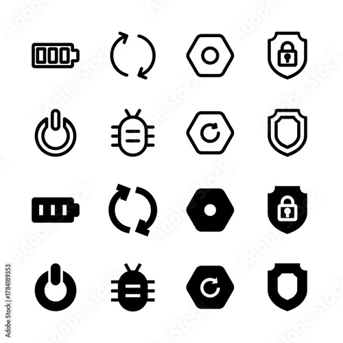 System and Utilities Solid and Line Icon Set - Battery Power Security Settings Elements