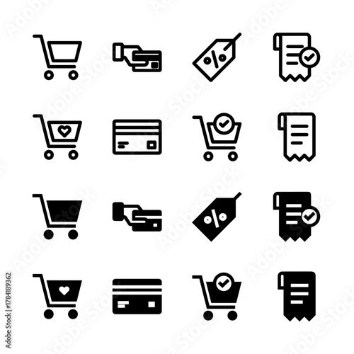 E-commerce Solid and Line Icon Set - Shopping Cart Payment Checkout Transaction Elements