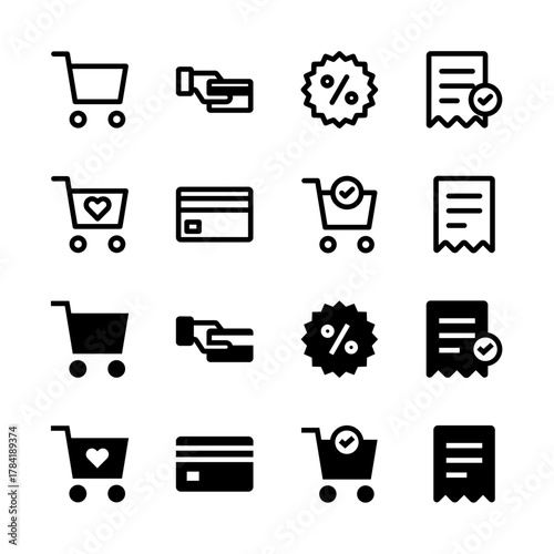 E-commerce Solid and Line Icon Set - Shopping Cart Payment Checkout Transaction Elements