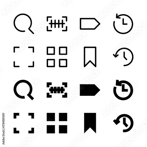 Search and Discovery Solid and Line Icon Set - Scan Barcode QR Tag Bookmark Elements