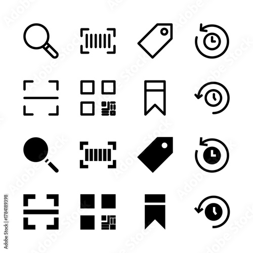 Search and Discovery Solid and Line Icon Set - Scan Barcode QR Tag Bookmark Elements
