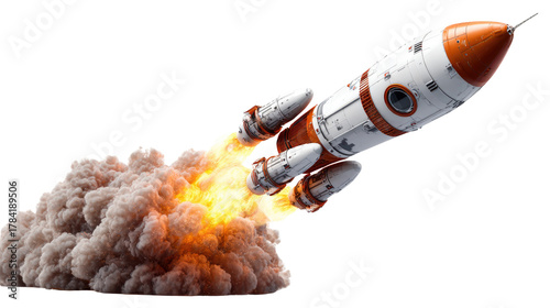 Rocket Launch into Space: A powerful rocket, streaks across the sky, leaving a trail of fire and smoke as it ventures into the cosmos. Evoking the spirit of discovery and boundless possibilities.