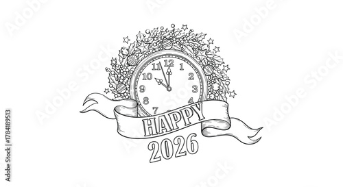 Vintage new year s eve clock with festive wreath and banner celebrating 2020