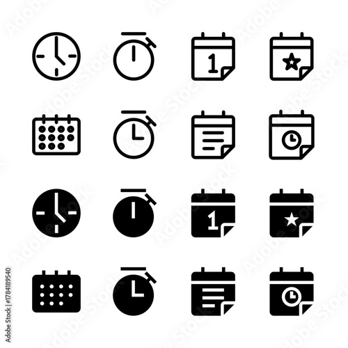 Time and Calendar Solid and Line Icon Set - Clock Timer Schedule Event Management Elements