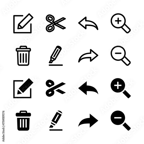 Essential Editing Tools Solid and Line Icon Set - Edit Delete Undo Zoom Action Elements