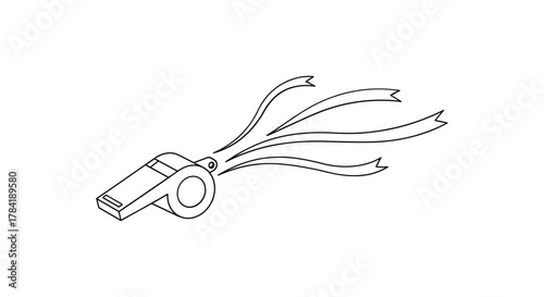 Simple black and white line drawing of a sports whistle with flowing ribbons