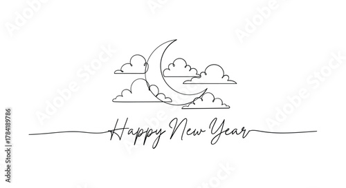 Hand drawn crescent moon and clouds with happy new year calligraphy
