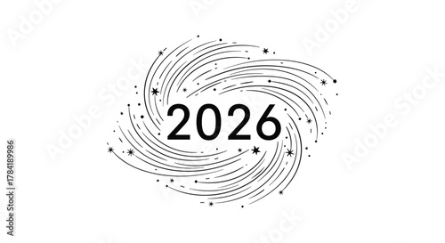 Abstract swirling lines and dots forming a circular pattern around the year 2026
