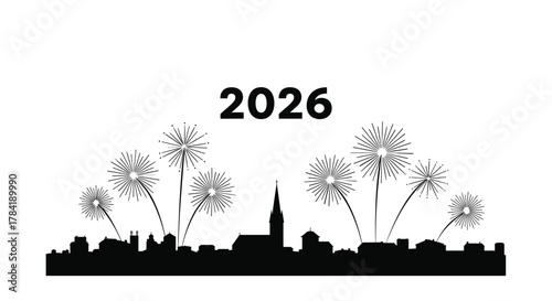 Silhouette of a city skyline with fireworks and the year 2026 celebrating the new year