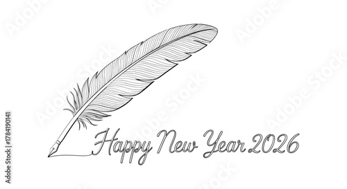 Elegant feather pen and happy new year 2026 greeting
