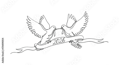 Two doves kissing with a banner and laurel wreath