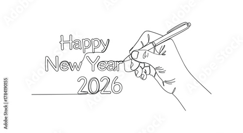 Hand writing happy new year 2026 with pen sketch