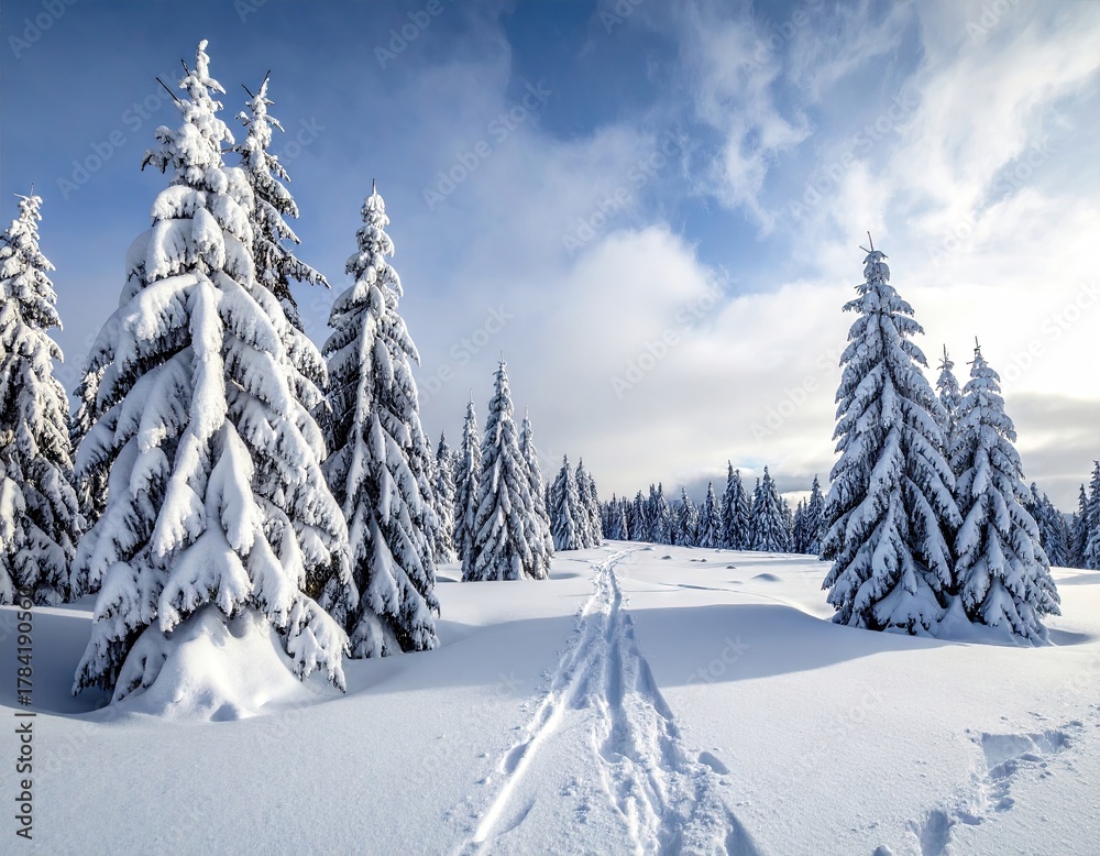 Fototapeta premium Winter Landscape of Snowy Spruce Forest Under Clear Blue Sky Majestic Winter Scene Snow Covered Trees Against a Bright Sunny Blue Sky Serene