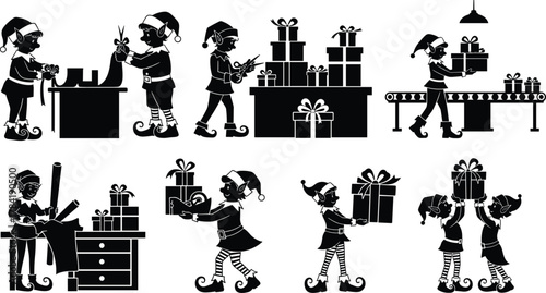 Christmas elves wrapping gifts, holiday workshop teamwork, festive packaging, Santa's helpers, conveyor belt, black and white silhouette illustration, seasonal preparation