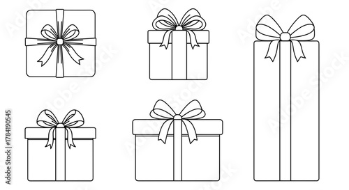 Illustration of five outlined gift boxes of varying shapes and sizes with bows on top