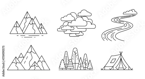 Illustration of mountains clouds river trees and a tent in a line art style drawing