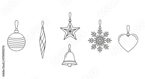 Illustration of christmas ornaments including a star snowflake heart and bell shape