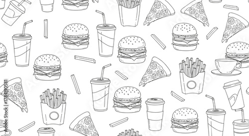Seamless pattern of hand drawn fast food items including burgers fries pizza and drinks