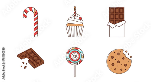 Illustration of candy cane cupcake chocolate bar lollipop and cookie sweets treats