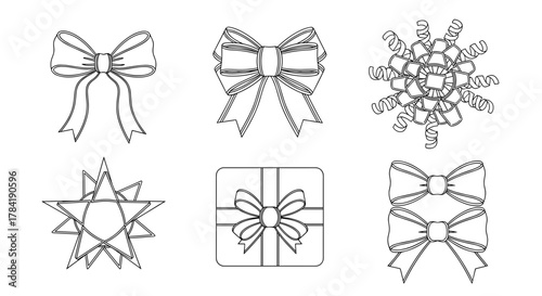 Illustration of six different types of bows and ribbons in black and white outline
