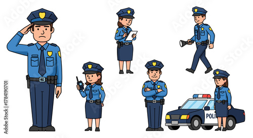 Illustration of various cartoon police officers in different poses and with a car