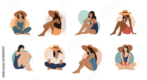 Illustration of eight women wearing hats and swimsuits in various poses and colors