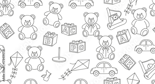 Seamless pattern featuring outlines of teddy bears cars kites and building blocks toys