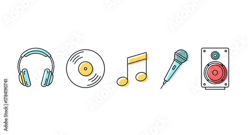 Illustration of headphones vinyl record music note microphone and speaker equipment