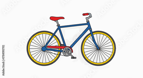 Blue Bicycle with Red Seat and Yellow Wheels Illustration.