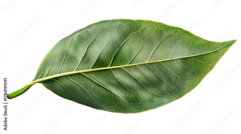 Obraz premium A single green leaf with prominent veins and a stem isolated against a black background studio shot