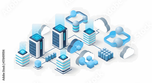 Isometric illustration of a data center network with servers and cloud computing elements.