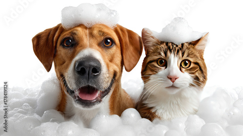 A Fun Bathtime: A playful cat and dog enjoy a bubbly bath, surrounded by fluffy suds. Capturing their joy and the freshness of the moment.