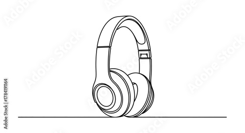 Minimalist single line drawing of modern headphones on a white background.