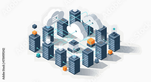 Isometric data center with cloud computing server racks illustration.