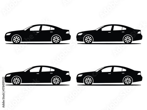 Four black sedan silhouettes side view and front view vehicle