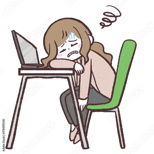つらそうに机に向かう女性のイラスト