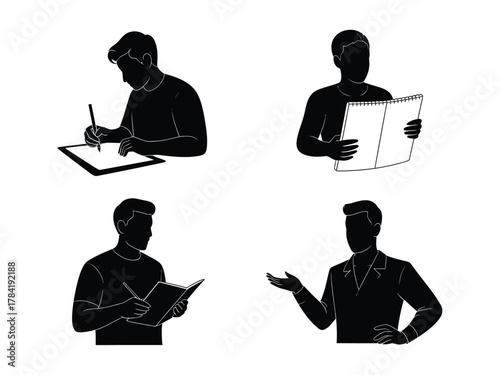 Four black silhouette figures engaged in creative and intellectual pursuits people drawing