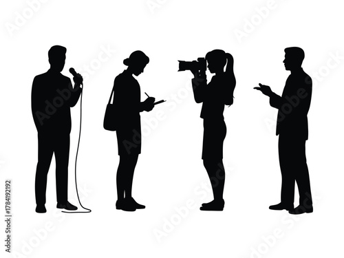 Four black silhouette figures engaged in journalistic activities journalists microphone