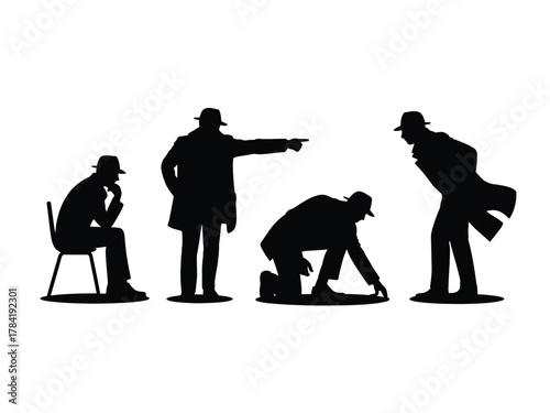 Four black silhouette figures in detective attire detectives