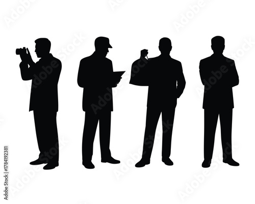 Four black silhouette figures in suits engaged in various activities photographer