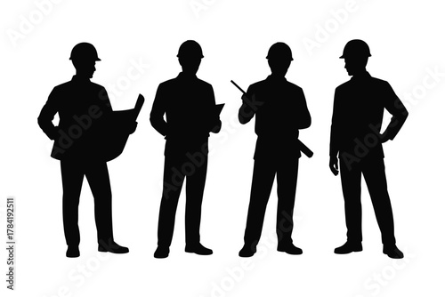 Four black silhouette figures wearing hard hats and holding blueprints and tools engineers