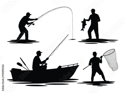 Four black silhouette fishermen engaged in fishing activities silhouettes casting